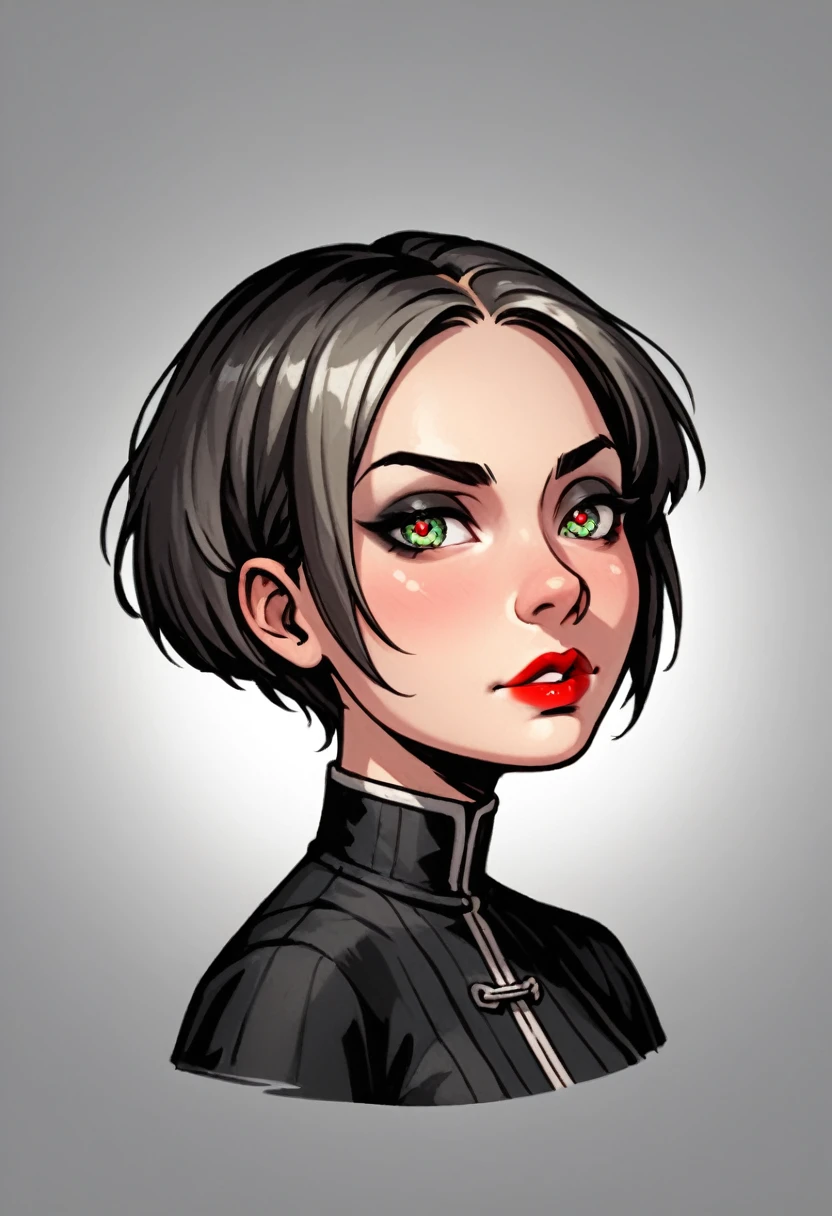 A detailed illustration of a young Chinese woman with a short bob haircut, featuring straight hair that falls just below the chin. Her hair is dark at the roots, gradually lightening towards the ends, and she has a straight fringe that covers her forehead. She has thin, well-shaped arched eyebrows and large, expressive almond-shaped eyes highlighted by black eyeliner. Her nose is wider, adding unique character to her face, and her full lips are painted with a vibrant red lipstick. The woman’s face is round with soft, symmetrical features, and her expression is calm and poised. The overall style of the artwork should emphasize her Chinese heritage while showcasing her distinctive and natural beauty.