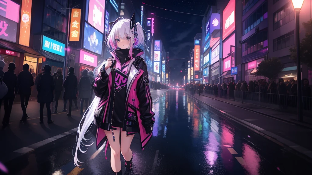 masterpiece.Best Quality.4K.headphone、サイバーpunk、Pink Hair、Blue Hair、Goth_punk, One Girl, Alone,  medium shot, Stroll around Harajuku, ((At night)), Bokeh Depth of Field, Neon Light, Rainbow Eyes, Starry Sky, 白くShiny Hair,  White eyebrows , Shiny Hair, (Iridescent white hair),  earrings, Bans, gem, mask,  short bang in full body water, Field&#39;s Eye, 口mask, Blurred背景, Blurred,  hair accessory ,  watch viewers, short hair, Portraiture, Side Lock