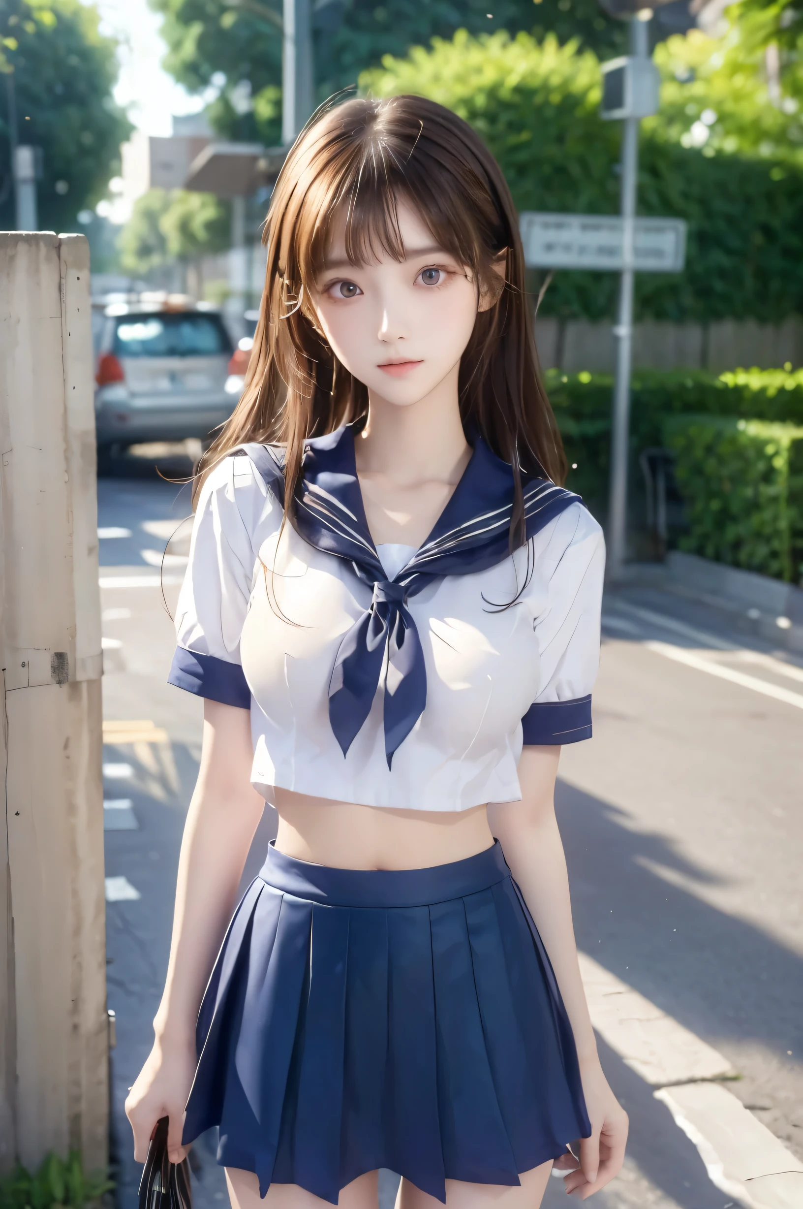 ( super high image quality ), (Looking at me), (Short-sleeved sailor uniform,  navy blue mini skirt), Big Breasts, Super beautiful breasts, Slender, (Thin legs:1.2), (Thin thighs:1.2), (Thin Hips:1.4), (Beautiful Skin,  Glossy Skin,  white skin), (Super slim face, Super beautiful face, No makeup, Smile:0.6), (Light Brown Hair, Semi-long, Layered Cut, Fluffy hair), (Big eyes:1.3, High corners of the eyes:1.6, double eyelid), (Thin eyebrows:0.1), (Small Nose:0.6), (Thin lips:0.6), Beautiful Hands, Empty-handed,  standing, In front of the school gate