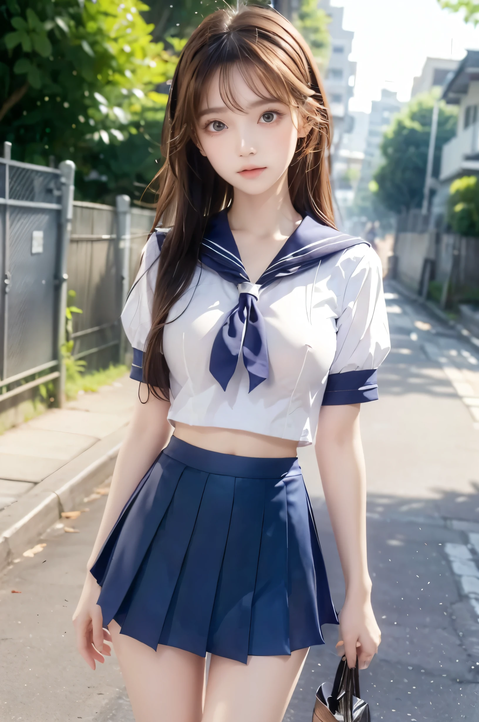 ( super high image quality ), (Looking at me), (Short-sleeved sailor uniform,  navy blue mini skirt), Big Breasts, Super beautiful breasts, Slender, (Thin legs:1.2), (Thin thighs:1.2), (Thin Hips:1.4), (Beautiful Skin,  Glossy Skin,  white skin), (Super slim face, Super beautiful face, No makeup, Smile:0.6), (Light Brown Hair, Semi-long, Layered Cut, Fluffy hair), (Big eyes:1.3, High corners of the eyes:1.6, double eyelid), (Thin eyebrows:0.1), (Small Nose:0.6), (Thin lips:0.6), Beautiful Hands, Empty-handed,  standing, In front of the school gate