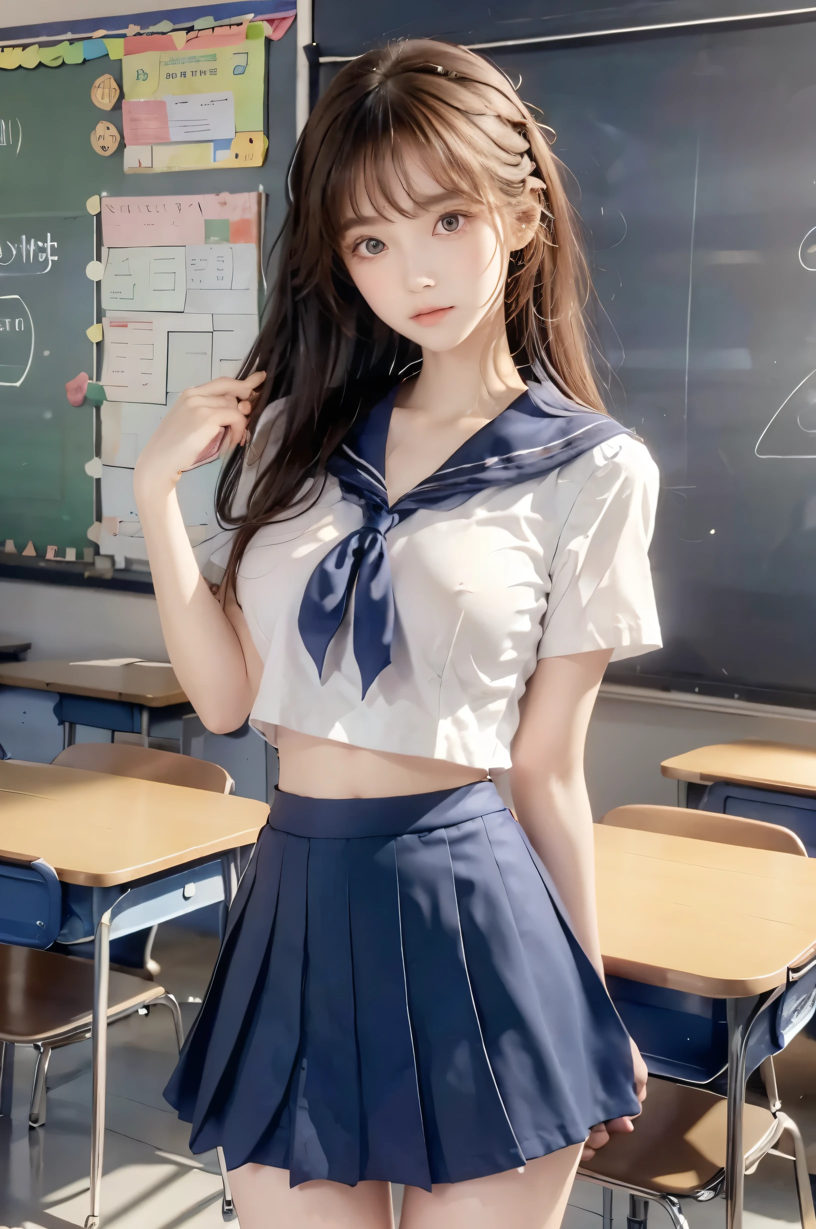 ( super high image quality ), (Looking at me), (Short-sleeved sailor uniform,  navy blue mini skirt), Big Breasts, Super beautiful breasts, Slender, (Thin legs:1.2), (Thin thighs:1.2), (Thin Hips:1.4), (Beautiful Skin,  Glossy Skin,  white skin), (Super slim face, Super beautiful face, No makeup, Smile:0.6), (Light Brown Hair, Semi-long, Layered Cut, Fluffy hair), (Big eyes:1.3, High corners of the eyes:1.6, double eyelid), (Thin eyebrows:0.1), (Small Nose:0.6), (Thin lips:0.6), Beautiful Hands, Empty-handed,  standing, School classroom