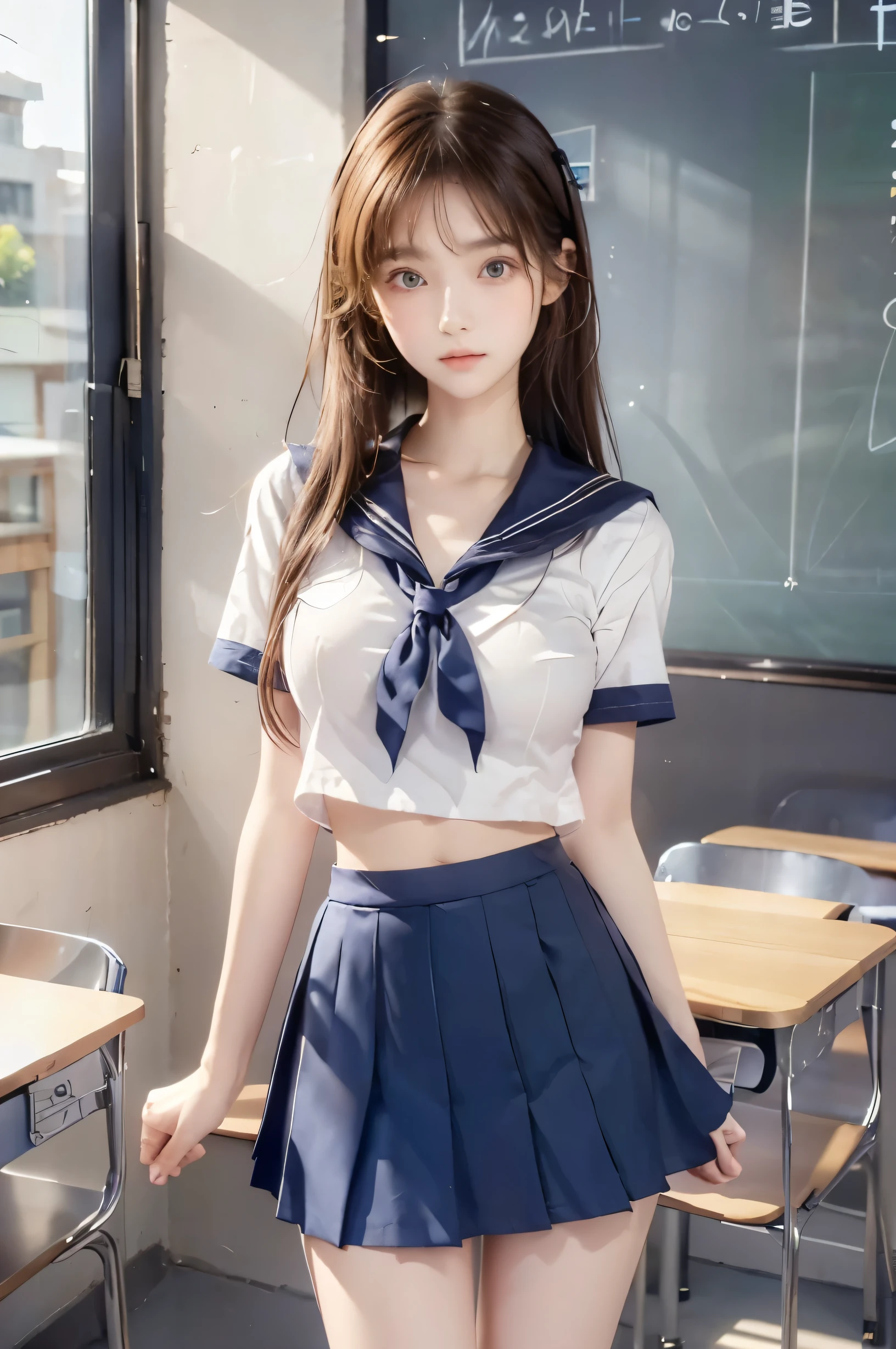 ( super high image quality ), (Looking at me), (Short-sleeved sailor uniform,  navy blue mini skirt), Big Breasts, Super beautiful breasts, Slender, (Thin legs:1.2), (Thin thighs:1.2), (Thin Hips:1.4), (Beautiful Skin,  Glossy Skin,  white skin), (Super slim face, Super beautiful face, No makeup, Smile:0.6), (Light Brown Hair, Semi-long, Layered Cut, Fluffy hair), (Big eyes:1.3, High corners of the eyes:1.6, double eyelid), (Thin eyebrows:0.1), (Small Nose:0.6), (Thin lips:0.6), Beautiful Hands, Empty-handed,  standing, School classroom