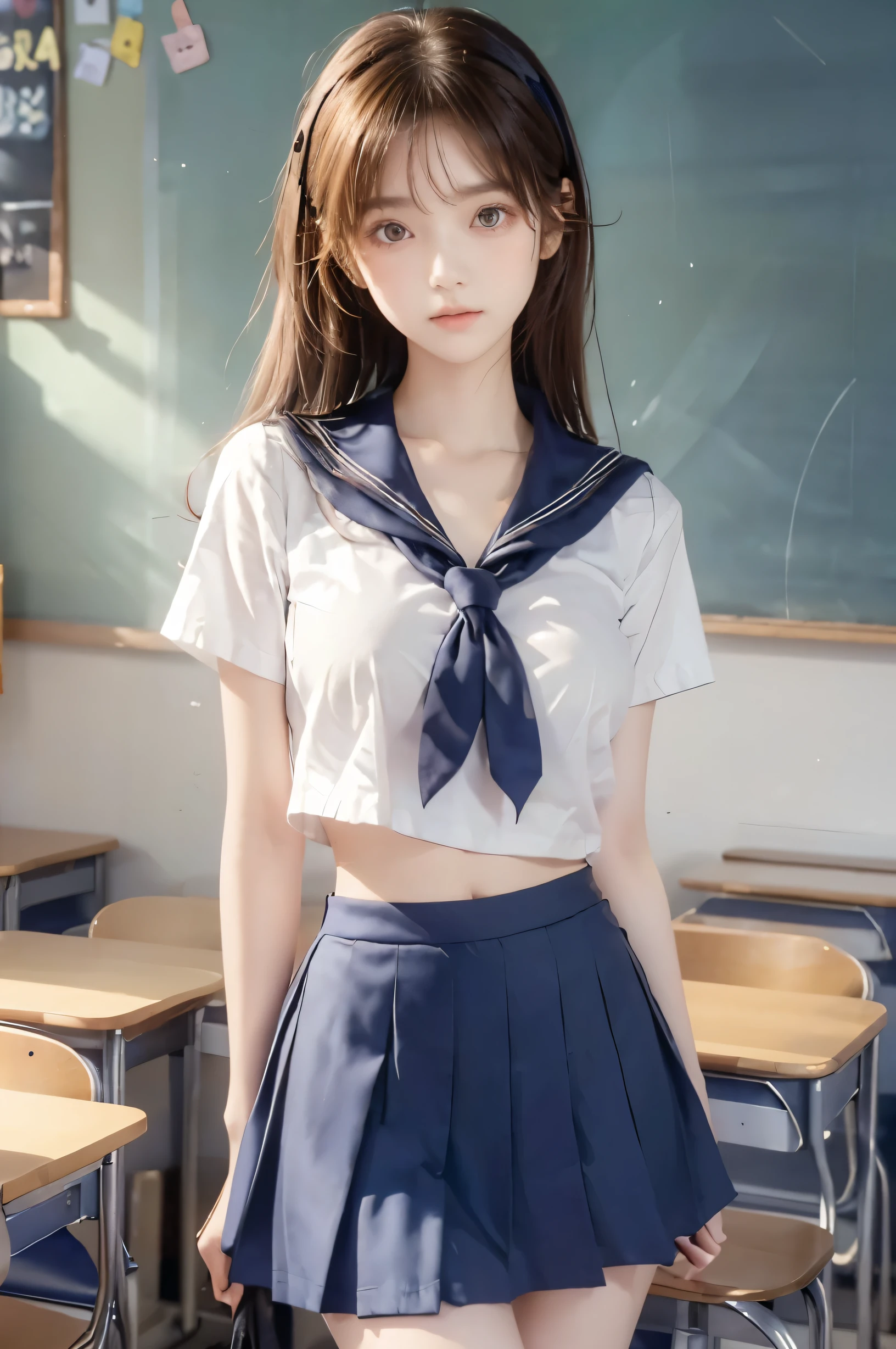 ( super high image quality ), (Looking at me), (Short-sleeved sailor uniform,  navy blue mini skirt), Big Breasts, Super beautiful breasts, Slender, (Thin legs:1.2), (Thin thighs:1.2), (Thin Hips:1.4), (Beautiful Skin,  Glossy Skin,  white skin), (Super slim face, Super beautiful face, No makeup, Smile:0.6), (Light Brown Hair, Semi-long, Layered Cut, Fluffy hair), (Big eyes:1.3, High corners of the eyes:1.6, double eyelid), (Thin eyebrows:0.1), (Small Nose:0.6), (Thin lips:0.6), Beautiful Hands, Empty-handed,  standing, School classroom