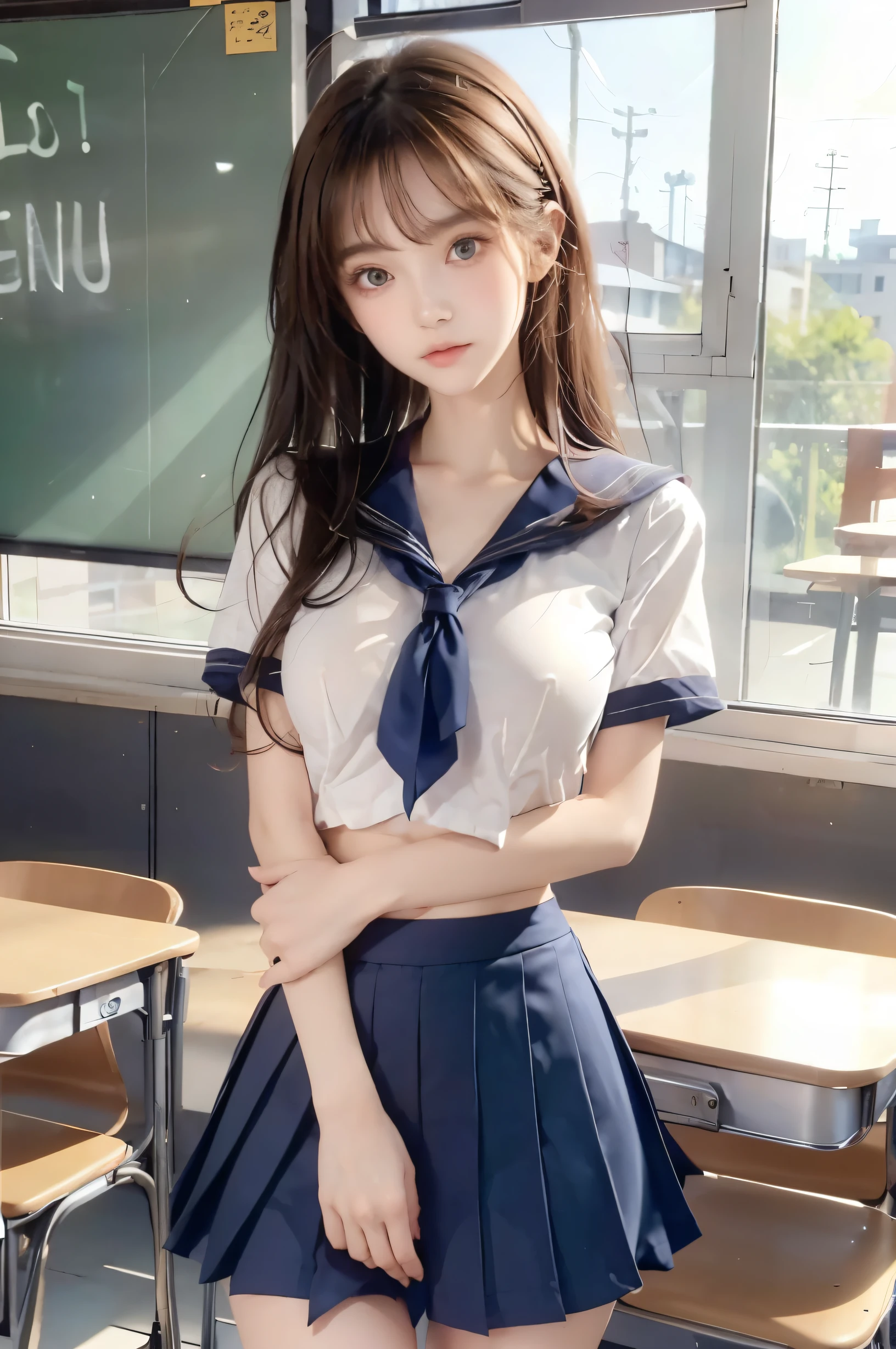 ( super high image quality ), (Looking at me), (Short-sleeved sailor uniform,  navy blue mini skirt), Big Breasts, Super beautiful breasts, Slender, (Thin legs:1.2), (Thin thighs:1.2), (Thin Hips:1.4), (Beautiful Skin,  Glossy Skin,  white skin), (Super slim face, Super beautiful face, No makeup, Smile:0.6), (Light Brown Hair, Semi-long, Layered Cut, Fluffy hair), (Big eyes:1.3, High corners of the eyes:1.6, double eyelid), (Thin eyebrows:0.1), (Small Nose:0.6), (Thin lips:0.6), Beautiful Hands, Empty-handed,  standing, School classroom