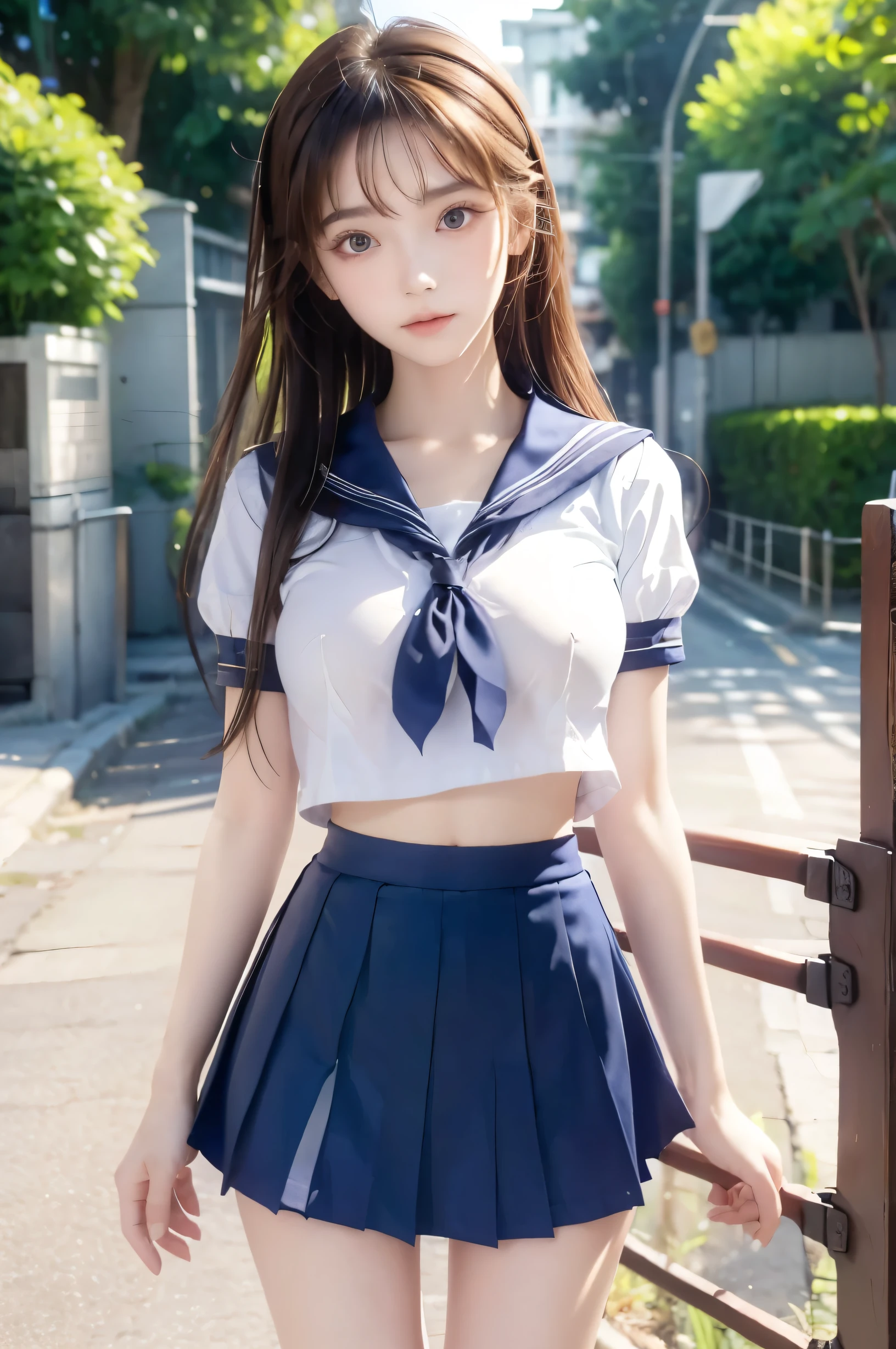 ( super high image quality ), (Looking at me), (Short-sleeved sailor uniform,  navy blue mini skirt), Big Breasts, Super beautiful breasts, Slender, (Thin legs:1.2), (Thin thighs:1.2), (Thin Hips:1.4), (Beautiful Skin,  Glossy Skin,  white skin), (Super slim face, Super beautiful face, No makeup, Smile:0.6), (Light Brown Hair, Semi-long, Layered Cut, Fluffy hair), (Big eyes:1.3, High corners of the eyes:1.6, double eyelid), (Thin eyebrows:0.1), (Small Nose:0.6), (Thin lips:0.6), Beautiful Hands, Empty-handed,  standing, In front of the school gate