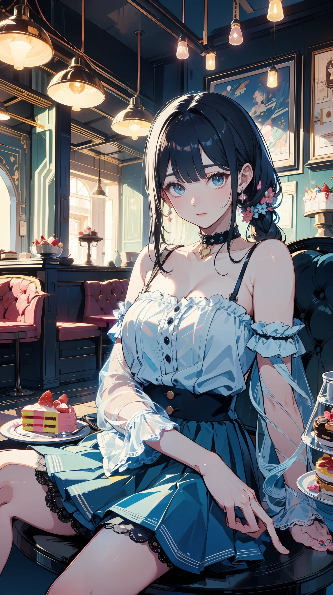 High resolution、detailed background、Beautiful Face、Beautiful, smooth skin、Skin Texture、cuteteenage girl、Realistic、Perfect body line、Braided ponytail、cute hairstyle、Quiet atmosphere、Happy expression、Upper Body、Tea time at the cafe、(Enjoy cakes and sweets while chatting at a cute cafe:1.5)、Choose white or pastel colors for your lace tops and flared skirts...、Sandals or heels、Lace tops are see-through, Wear it with an inner camisole for an elegant look....、Choose a light-colored lace blouse、Add some feminine movement with a pleated skirt.Adding lace to the sleeves and collar of the blouse makes it even more cute.、Choose a colorful lace camisole、Add elegance with a midi skirt。、cute、masterpiece:1.5、
