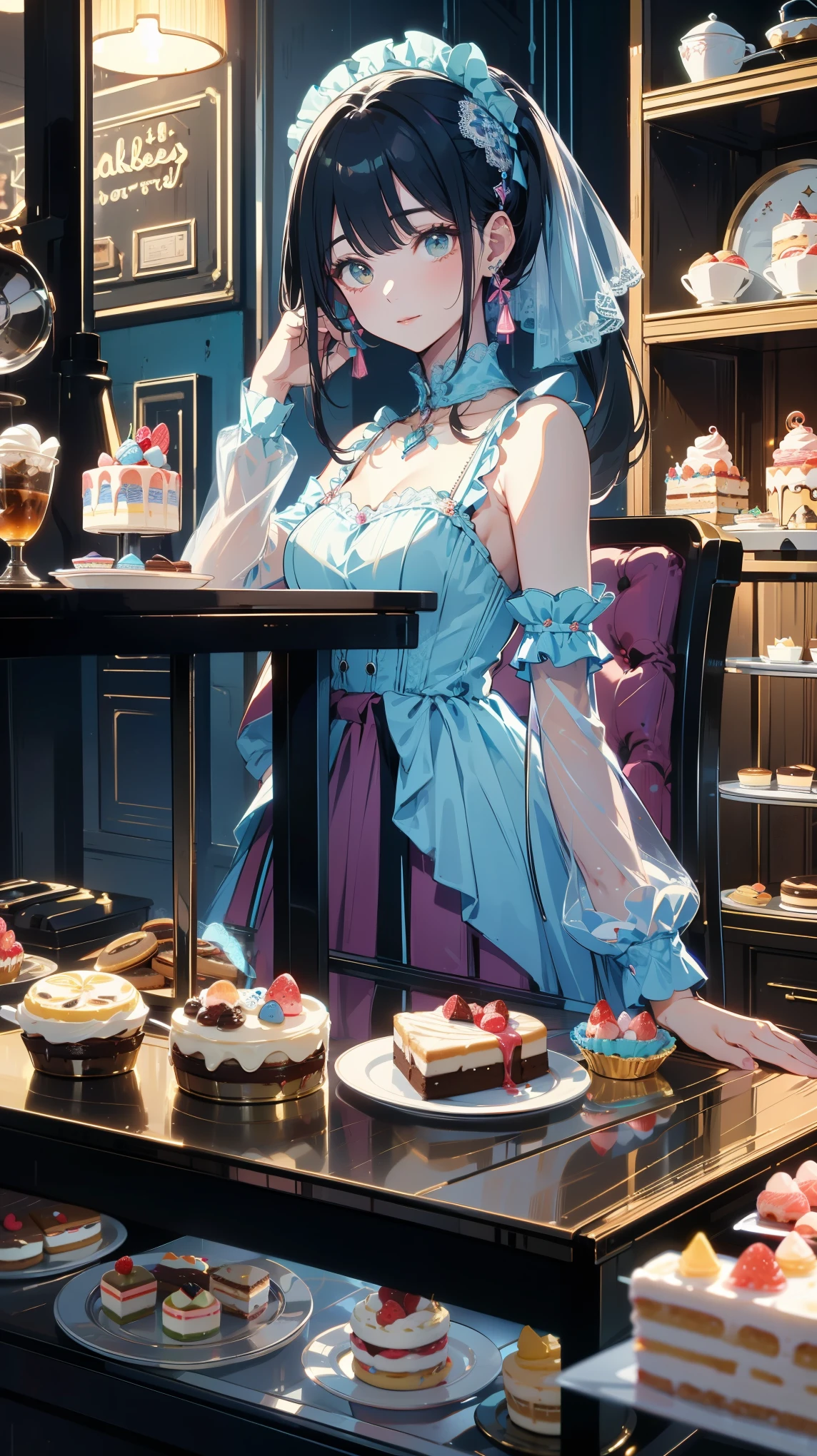 High resolution、detailed background、Beautiful Face、Beautiful, smooth skin、Skin Texture、cuteteenage girl、Realistic、Perfect body line、Braided ponytail、cute hairstyle、Quiet atmosphere、Happy expression、Upper Body、Tea time at the cafe、(Enjoy cakes and sweets while chatting at a cute cafe:1.5)、Choose white or pastel colors for your lace tops and flared skirts...、Sandals or heels、Lace tops are see-through, Wear it with an inner camisole for an elegant look....、Choose a light-colored lace blouse、Add some feminine movement with a pleated skirt.Adding lace to the sleeves and collar of the blouse makes it even more cute.、Choose a colorful lace camisole、Add elegance with a midi skirt。、cute、masterpiece:1.5、
