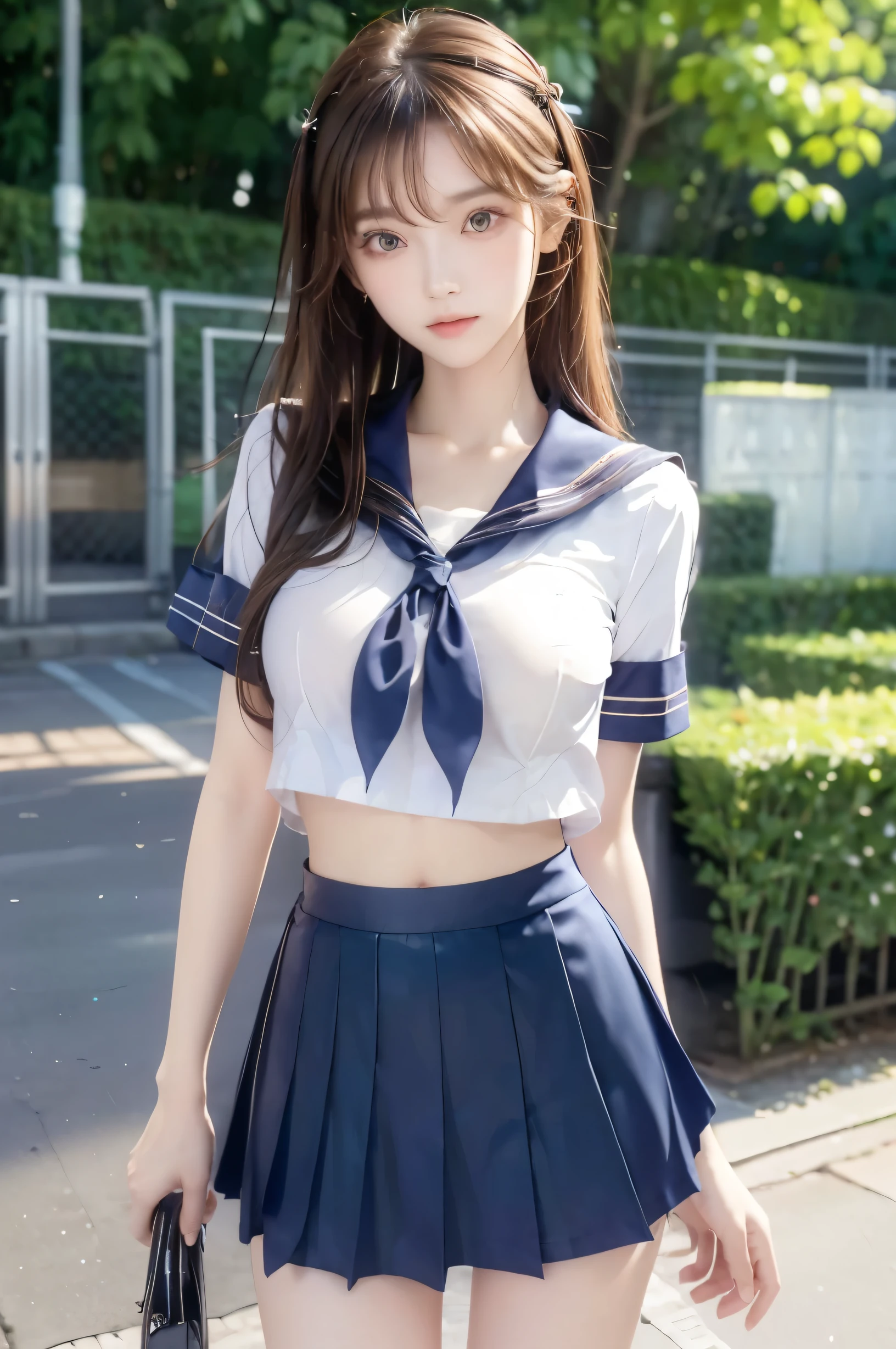 ( super high image quality ), (Looking at me), (Short-sleeved sailor uniform,  navy blue mini skirt), Big Breasts, Super beautiful breasts, Slender, (Thin legs:1.2), (Thin thighs:1.2), (Thin Hips:1.4), (Beautiful Skin,  Glossy Skin,  white skin), (Super slim face, Super beautiful face, No makeup, Smile:0.6), (Light Brown Hair, Semi-long, Layered Cut, Fluffy hair), (Big eyes:1.3, High corners of the eyes:1.6, double eyelid), (Thin eyebrows:0.1), (Small Nose:0.6), (Thin lips:0.6), Beautiful Hands, Empty-handed,  standing, In front of the school gate