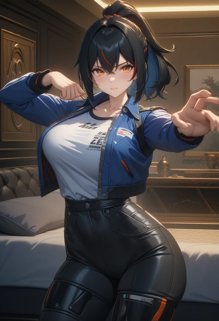 masterpiece,best quality,high resolution,8k,ultra HD,wallpaper,illustration,perfect face,cowboy shot,beautiful detailed eyes,extremely detailed face,perfect lighting,extremely detailed CG,perfect anatomy,perfect body,perfect hands,perfect fingers,1woman,full body,,muscle fighter body,black long ponytail hair,orange eyes,large breasts,Medium ass,,(blue open jacket inner white shirt),black short hot pants,clothed,,collarbone,,looking at viewer,(sexy look pose),Steam,sweat,rich home,(Zenless Zone Zero character Zhu Yuan),adult