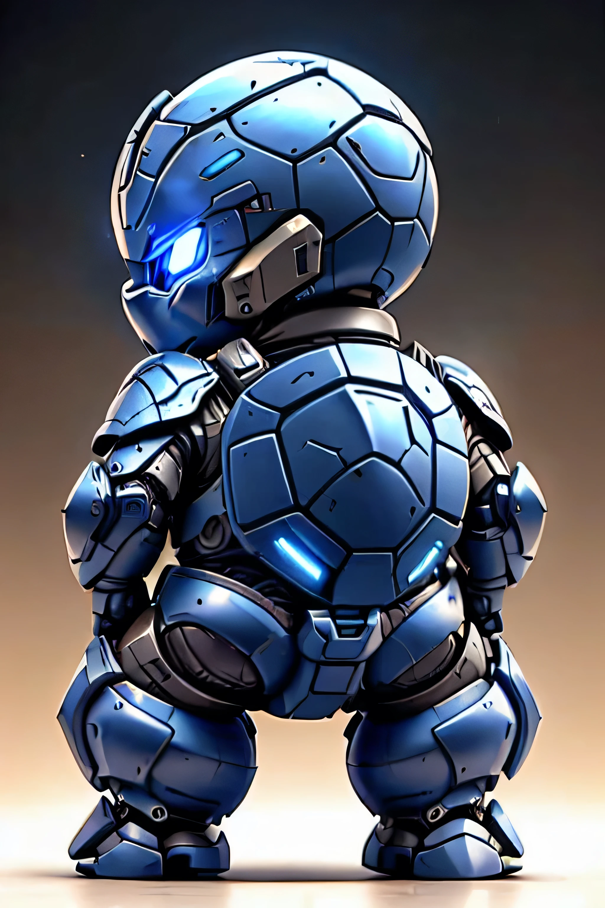 guchen,,chibi, blue eyes,,glowing,Sci-Fi,Neon Lights,Hyper Real,Photorealistic,16K,high detail,high resolution, ((blue armor)), blastoise design, turtle shell, blue skin, large backpack,  back view, back design, turtle shell design, 