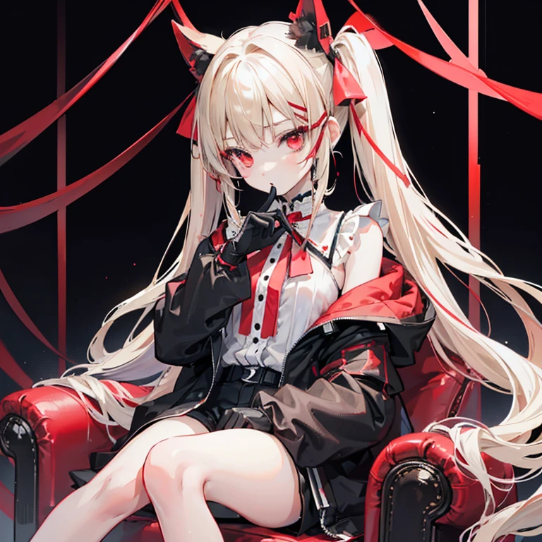 One Girl、Hair color beige、Red eyes、 Twin Tail、Long Hair、Simple hair ribbon、Monochrome clothes、Large coat、 black gloves、Simple Background、 shorts 、Sitting in a big red chair