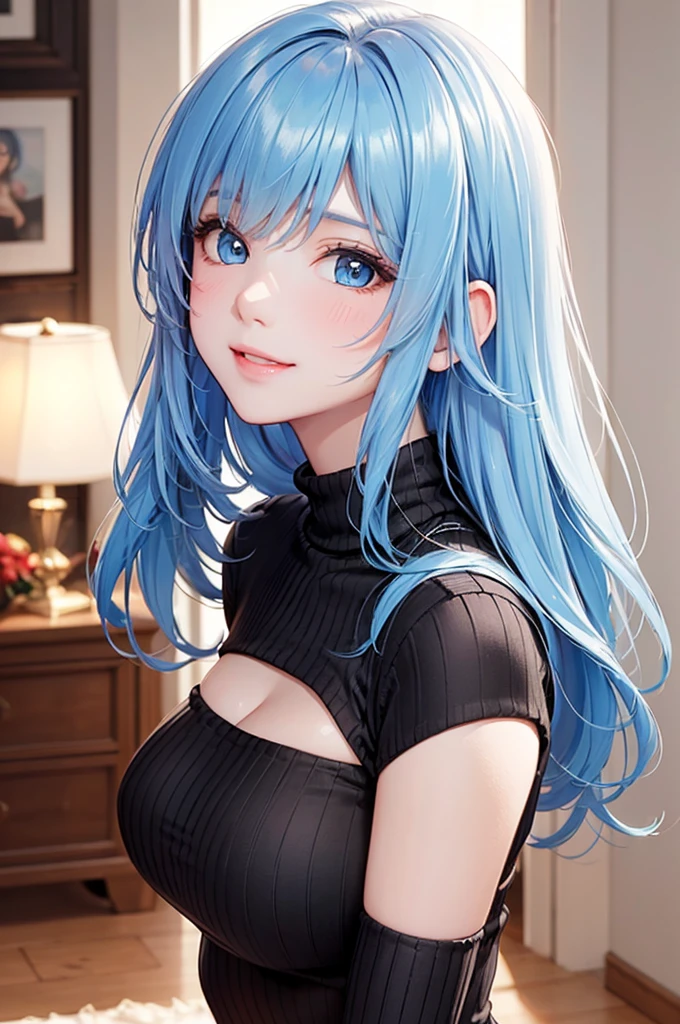 Character Details:, - Gender: 1 Girl.
- Style: Anime, - Body Type: Attractive body, slim body, nice legs, slim tights, nice arms, nice shoulders. - Breast: (Small Breast:1.1), (Cleavage), (Nipple).
- Facial Feature: Beautiful, Gorgeous, Teenager, Fresh, Young.
- Expression: Shy, Smile, Horny, Pink Blush on Face, Sexy Eyes, Sexy Look, (Sweating:1.4), Innocent Look, Tipsy. - Hairstyle: Blunt Bangs, Long Hair. - Hair Color: (Light Blue Hair:1.5).
- Clothing: (black Sweater:1.6). - Body Pose: (Selfie:1.1). - Behaviour: Waiting, Want Something, Secretly.
- Accessories: Earrings., Environmental Details:, - Setting: Bed Room., - Lighting: Natural Light., - Decoration: Modern Bed, Chair, Window, White Curtain, City View. Top view. pov, anime style, UHD, retina, masterpiece, accurate, anatomically correct, texture