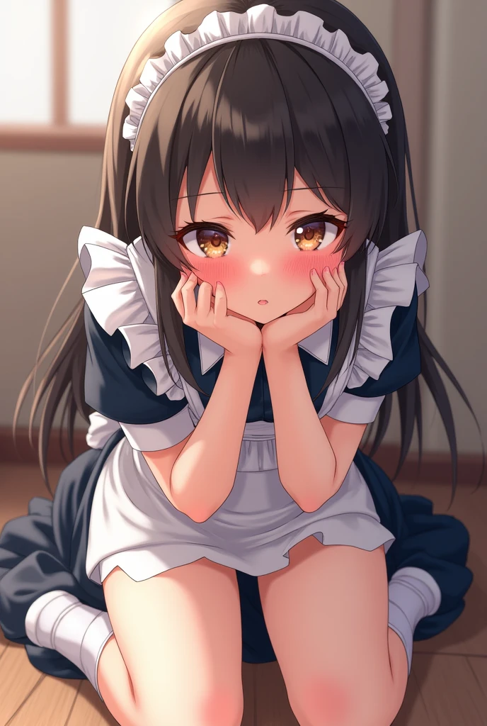 (Highest quality), (masterpiece), 1080P, High resolution, 4K, 8K, Maid clothes, Heart hole in chest, cry, They hesitate, run away, Are crying, socks, bag, Long black hair, squat, Apartment, At the door, Outdoor, night