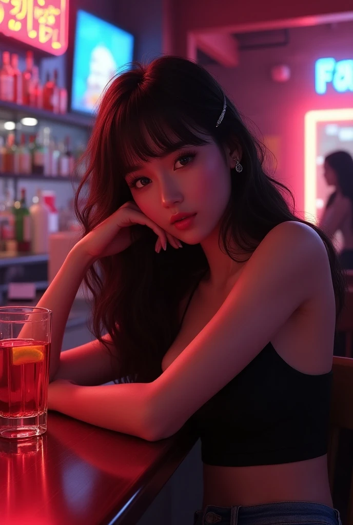 (Sexy woman), beauty, Whitening, Korean women, Disheveled Hair, Beauty, Red Lip, 最high quality, 8k, masterpiece, Very detailed, Realistic, photoRealistic, Black knit dress, Holding barber scissors and comb in one hand, Black Stockings, High heels, Faded red brick wall, high quality, masterpiece, 「ARROWS」Neon sign with words in capital letters, neon, A barber pole hanging on the wall, Sitting in a swivel chair, barbershop