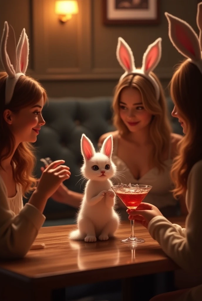 The cutest white kitten in the world is welcomed by 3 beautiful beautiful girls dressed as bunny girls with cat ears at a girls bar、Dim lighting、Realistic、Beautiful cocktail glass with drink 