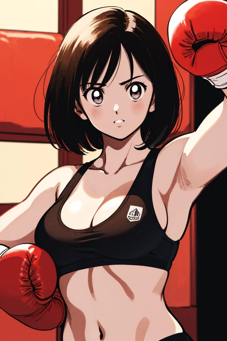 (((Full Body Shot、Female professional boxer、In the ring、          Boxing Gloves   、Armpit     、Embarrassing  、Slender body、 short hair、Big Breasts、Sports Bra)))、((Pencil drawing))、((Manga))、(masterpiece、top-quality)、Best Quality, masterpiece, 超A high res, (Realistic:1.4), ((masterpiece:1.4, Best Quality)), ((masterpiece, Best Quality)), (Manga style:1.4)、 (超A high res:1.2),  high res、flawless、masterpiece, Best Quality,               Soft Dim Lighting              , addition_detailed, Good lighting、A highly detaileded、((beautifull detaileded face))、( ((ultra-detailedliert )))、ns   、Side light、((Raising awareness 、 best to      write a professional photo on a boxing ring ))、Highly detaileded eyes、              perfect lighting 、(extremelydetailededCG:1.2)、(((masterpiece))), (1 personの少女)、(1 person)、              solo focus           、    、 beautiful girl with beautiful detaileds,  very cute, beautiful girl with beautiful detaileds,                 write a professional photo on a boxing ring     , extremely detaileded eye and face, （ 人物の接写 ）、(Manga style:1.1)、Plain Bottom、(masterpiece、Best Quality:1.2)、((              facing the front          :1.2))、With bangs、Young woman 、((               upper body  :1.2))、 short hair、    、 Outside、              Boxing Gloves              、Full Body Shot