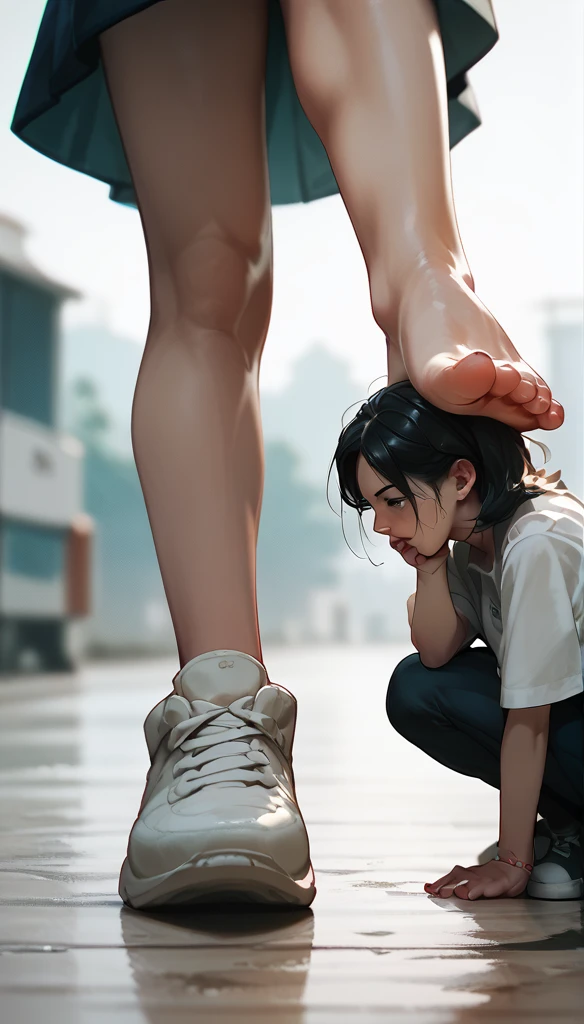 Anime Women, raised leg, Stomping of feet on throat, looking down, head out of frame, throw