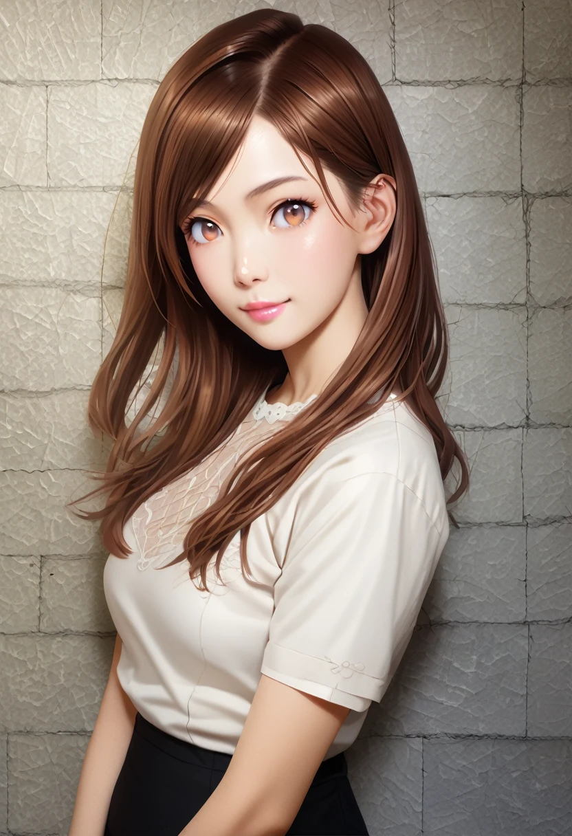 ((master piece)) , (kanojo okarishimasu) , ((mizuhara chizuru)) , (brown hair) , (light brown eye) , (shiny pink lips) , (detailed art style) , (highly detailed) , (finely detailed) , (beautiful girl) , (photo realistic) , white shirt , black skirt, pencil skirt , looking at viewer, light smile,Mizuhara Chizuru, brown hair, light brown eye,