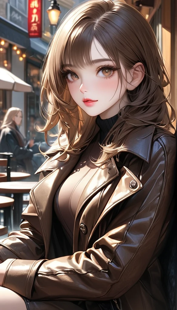 masterpiece,  High Resolution ,  anatomically correct, 最high quality,  high detail,  high definition models,  very detailed, high quality, Ultra high definition,  textured skin, Realistic Skin, Brown Hair, Step layer cut hair, Details,  Brown Eyes ,  with sparkling eyes,  adult female, Realistic lips, Leather long coat, In front of the cafe, Meeting, Sitting, Long eyelashes