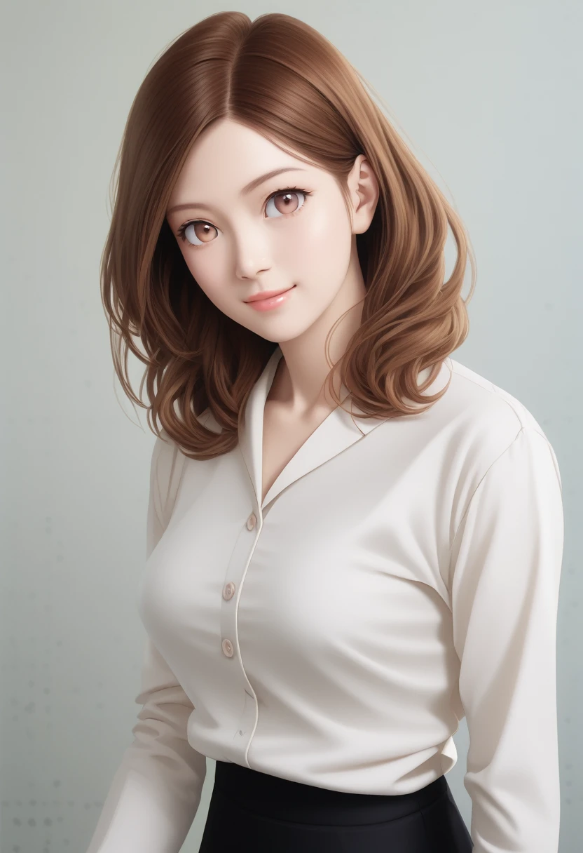 ((master piece)) , (kanojo okarishimasu) , ((mizuhara chizuru)) , (brown hair) , (light brown eye) , (shiny pink lips) , (detailed art style) , (highly detailed) , (finely detailed) , (beautiful girl) , (photo realistic) , white shirt , black skirt, pencil skirt , looking at viewer, light smile,Mizuhara Chizuru, brown hair, light brown eye,