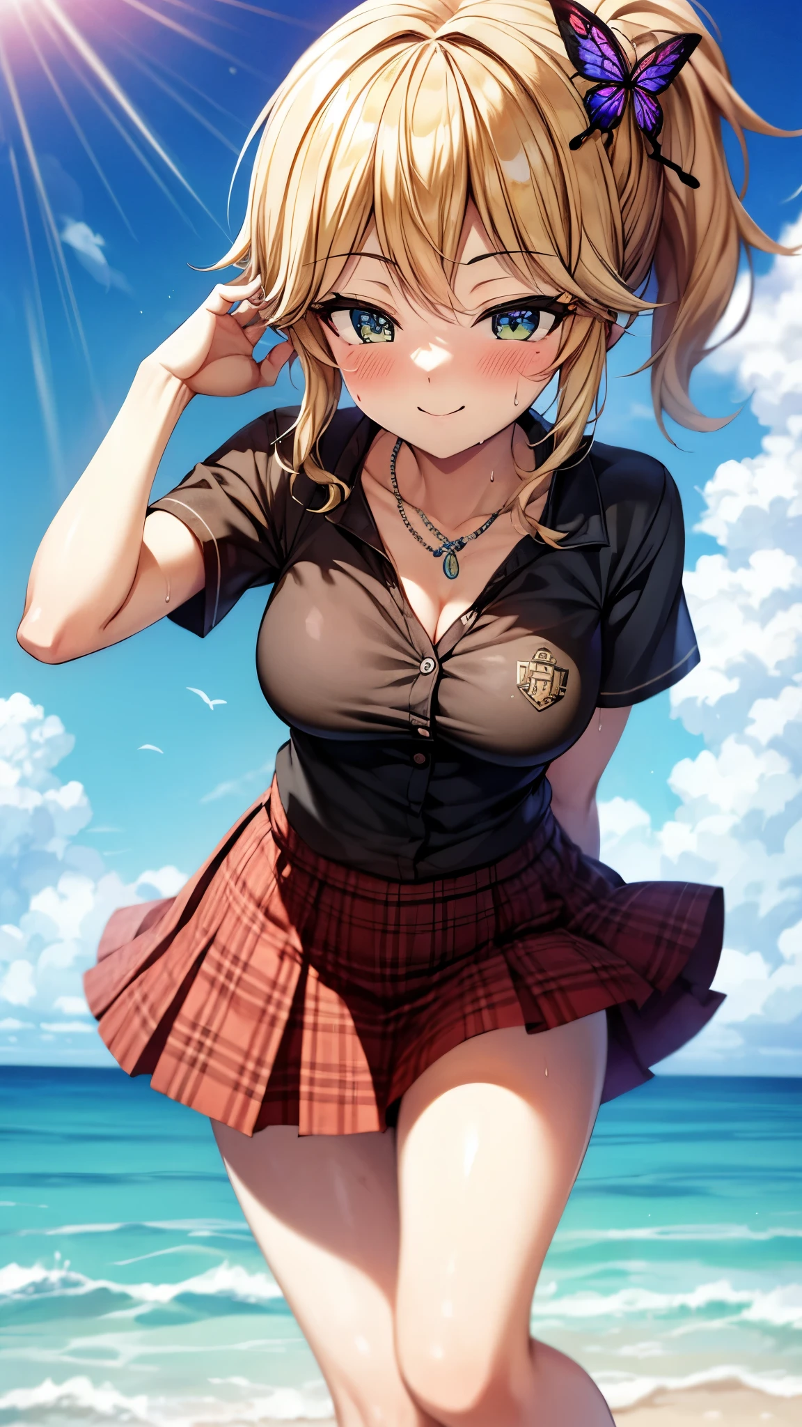 （super high quality, super high definition,16k,super masterpiece,Ultra HD ,Detailed shading and background,）One Girl, ponytail, Purple Swallowtail Butterfly Barrette and Necklace ,（ button, and unfolded,）red plaid mini skirt ,Provocative smile,blush,Sweaty,Blue sky and sea with clouds and sun visible,Short-sleeved white cutter shirt facing the front, slouched forward, removed the ,Looking down at the camera,