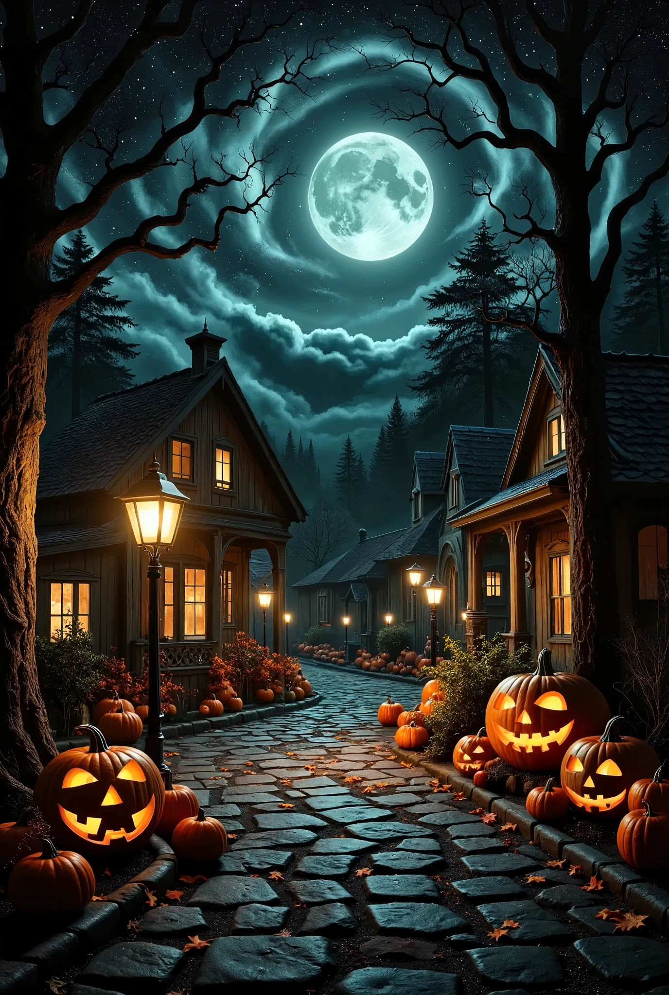 A cozy Halloween village scene on a cobblestone path, illuminated by glowing lanterns. The village is lined with charming, old-style houses with wooden beams and sloped roofs, their windows glowing warmly. The scene is decorated with numerous carved pumpkins, each glowing with a soft orange light from within, their carved faces adding a playful yet spooky atmosphere. Autumn leaves, in shades of orange and red, gently fall from the trees and scatter across the path. The night sky is dark with a large, glowing full moon casting a gentle light over the scene, creating a magical and slightly eerie ambiance. The background is filled with dark, shadowy trees, adding a sense of depth and mystery to the scene. The entire setting is surrounded by a deep autumn forest, and the overall style is warm and inviting, capturing the essence of a magical Halloween night. Realistic style with detailed textures, highlighting the reflections of lantern light on the cobblestones and the intricate carvings of the pumpkins.