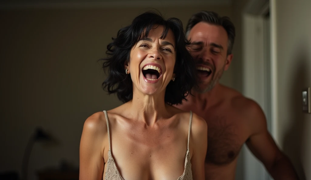 bearded woman, shaggy body, makes fun of a little hairless man