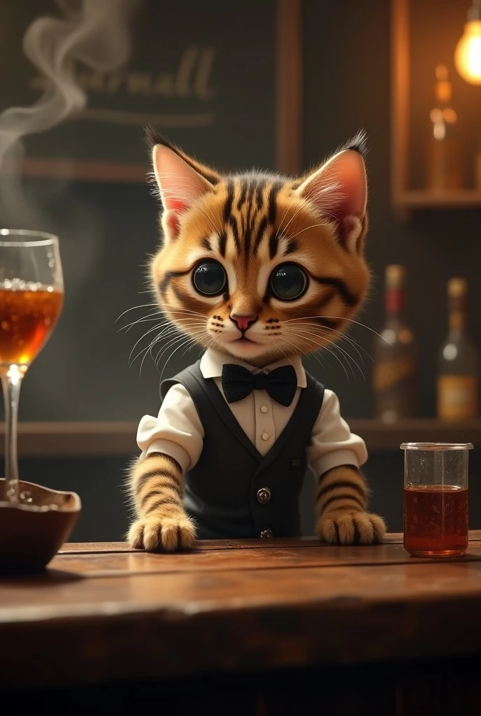  The cutest brown tiger pattern kitten in the world wears bartender clothes and polishes glasses at an old Western-style bar counter、Dim lighting、Realistic、Room where smoke can enter 