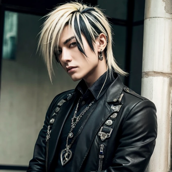 boy of , handsome and slim defined, with black punk clothes, Silver chains around the neck, light blue wavy hair, green eyes mixed with blue. with a seductive smile.
