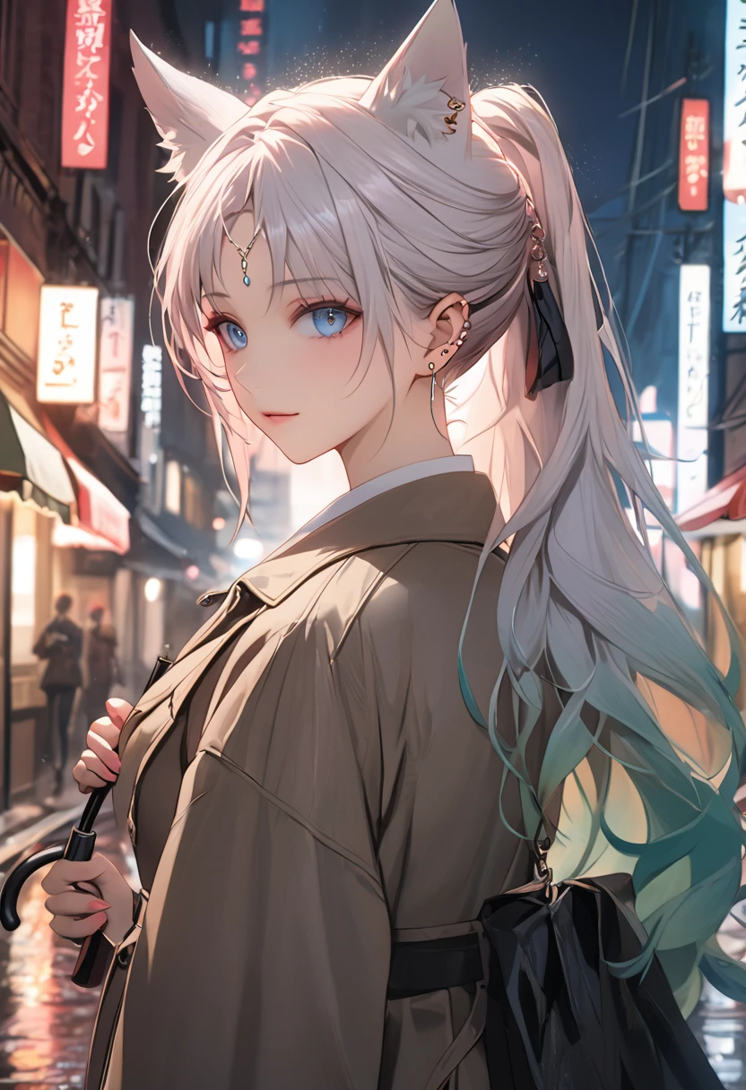 A woman in a trench coat and holding an umbrella, rainy day, detailed facial features, intricate clothing folds, city street background, dramatic lighting, cinematic mood, muted color palette,  cinematic quality, mature female , magazine cover, whole body, magazine, Feixiao, animal ears, long hair, ponytail, gradient hair, white hair, blue eyes, forehead jewel, ear piercing, hair ornament