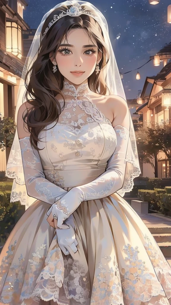 (masterpiece, Best Quality, beautiful、Midea:1.3), Gazing at the audience, One Girl, Alone, A light smile, (Long Hair, Light beige hair),  Octane Rendering , Lace neck top, Bridal Veil , lace trim dress, See-through,  wedding dress, Big Breasts:1.5,Outdoor, White Rose, garden, morning, standing,  very detailed, Lace gloves, Delicate Lace 