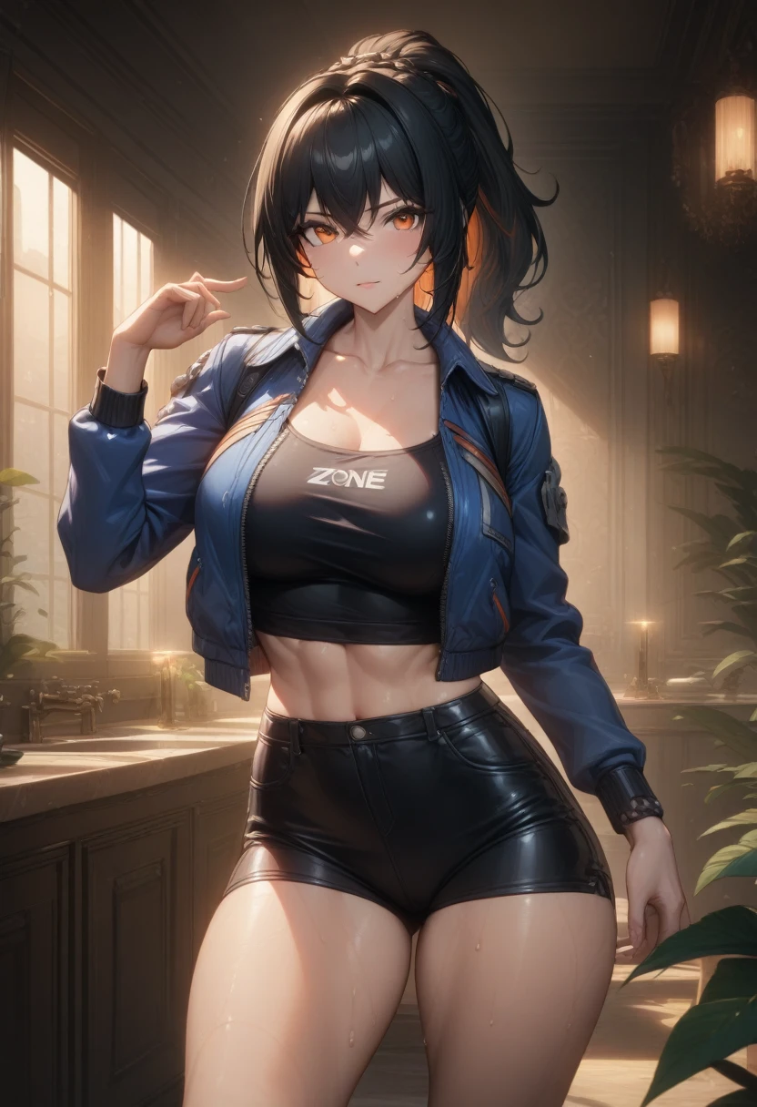 masterpiece,best quality,high resolution,8k,ultra HD,wallpaper,illustration,perfect face,cowboy shot,beautiful detailed eyes,extremely detailed face,perfect lighting,extremely detailed CG,perfect anatomy,perfect body,perfect hands,perfect fingers,1woman,full body,,muscle fighter body,black long ponytail hair,orange eyes,large breasts,Medium ass,,(blue open jacket inner white shirt),black short hot pants,clothed,,collarbone,,looking at viewer,(sexy look pose),Steam,sweat,rich home,(Zenless Zone Zero character Zhu Yuan),adult