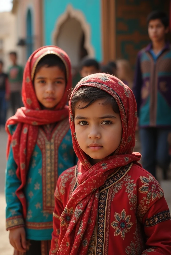 6 year old girl and 4 year old brother wearing headscarves and batik clothes