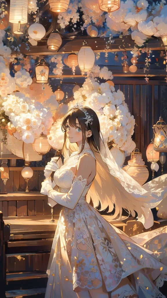 (masterpiece, Best Quality, beautiful、Midea:1.3), Gazing at the audience, One Girl, Alone, A light smile, (Long Hair, Light beige hair),  Octane Rendering , Lace neck top, Bridal Veil , lace trim dress, See-through,  wedding dress, Big Breasts:1.5,Outdoor, White Rose, garden, morning, standing,  very detailed, Lace gloves, Delicate Lace 