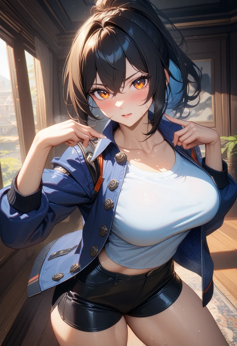 masterpiece,best quality,high resolution,8k,ultra HD,wallpaper,illustration,perfect face,cowboy shot,beautiful detailed eyes,extremely detailed face,perfect lighting,extremely detailed CG,perfect anatomy,perfect body,perfect hands,perfect fingers,1woman,full body,,muscle fighter body,black long ponytail hair,orange eyes,large breasts,Medium ass,,(blue open jacket inner white shirt),black short hot pants,clothed,,collarbone,,looking at viewer,(sexy look pose),Steam,sweat,rich home,(Zenless Zone Zero character Zhu Yuan),adult