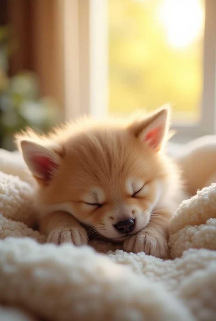 A close-up of a fluffy kitten or puppy peacefully sleeping on a soft blanket. The pet’s tiny paws are tucked under its chin, and it looks incredibly cozy and content, with a soft glow of sunlight streaming through a nearby window.



