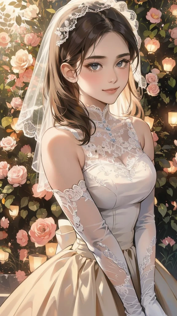 (masterpiece, Best Quality, beautiful、Midea:1.3), Gazing at the audience, One Girl, Alone, A light smile, (Long Hair, Light beige hair),  Octane Rendering , Lace neck top, Bridal Veil , lace trim dress, See-through,  wedding dress, Big Breasts:1.5,Outdoor, White Rose, garden, morning, standing,  very detailed, Lace gloves, Delicate Lace 