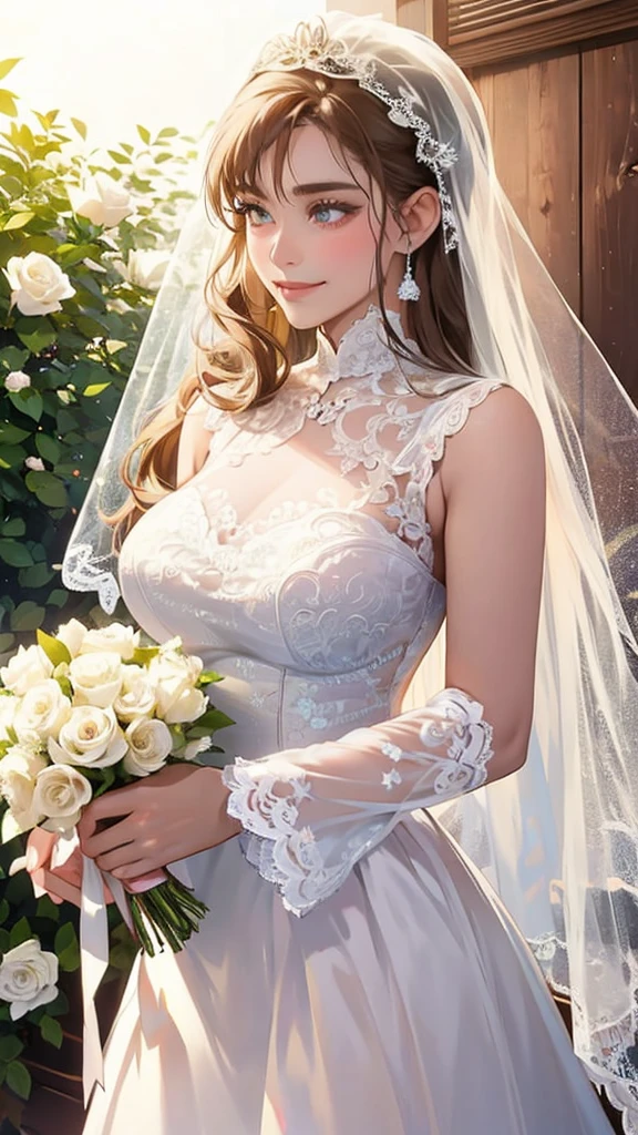 (masterpiece, Best Quality, beautiful、Midea:1.3), Gazing at the audience, One Girl, Alone, A light smile, (Long Hair, Light beige hair),  Octane Rendering , Lace neck top, Bridal Veil , lace trim dress, See-through,  wedding dress, Big Breasts:1.5,Outdoor, White Rose, garden, morning, standing,  very detailed, Lace gloves, Delicate Lace 