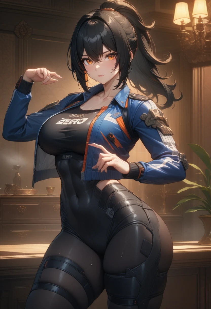 masterpiece,best quality,high resolution,8k,ultra HD,wallpaper,illustration,perfect face,cowboy shot,beautiful detailed eyes,extremely detailed face,perfect lighting,extremely detailed CG,perfect anatomy,perfect body,perfect hands,perfect fingers,1woman,full body,,muscle fighter body,black long ponytail hair,orange eyes,large breasts,Medium ass,,(blue open jacket inner white shirt),black short hot pants,clothed,,collarbone,,looking at viewer,(sexy look pose),Steam,sweat,rich home,(Zenless Zone Zero character Zhu Yuan),adult