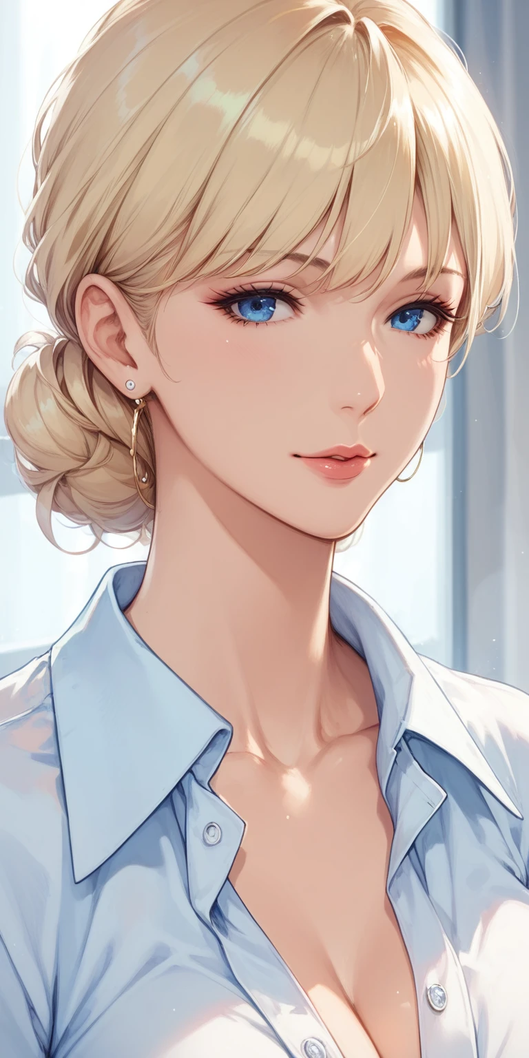 score_9, score_8_up, score_7_up, blonde, chignon hair, blue eyes, perfect eyes, anime lady, elegant mature woman, cool facial expression, office shirt, soft light