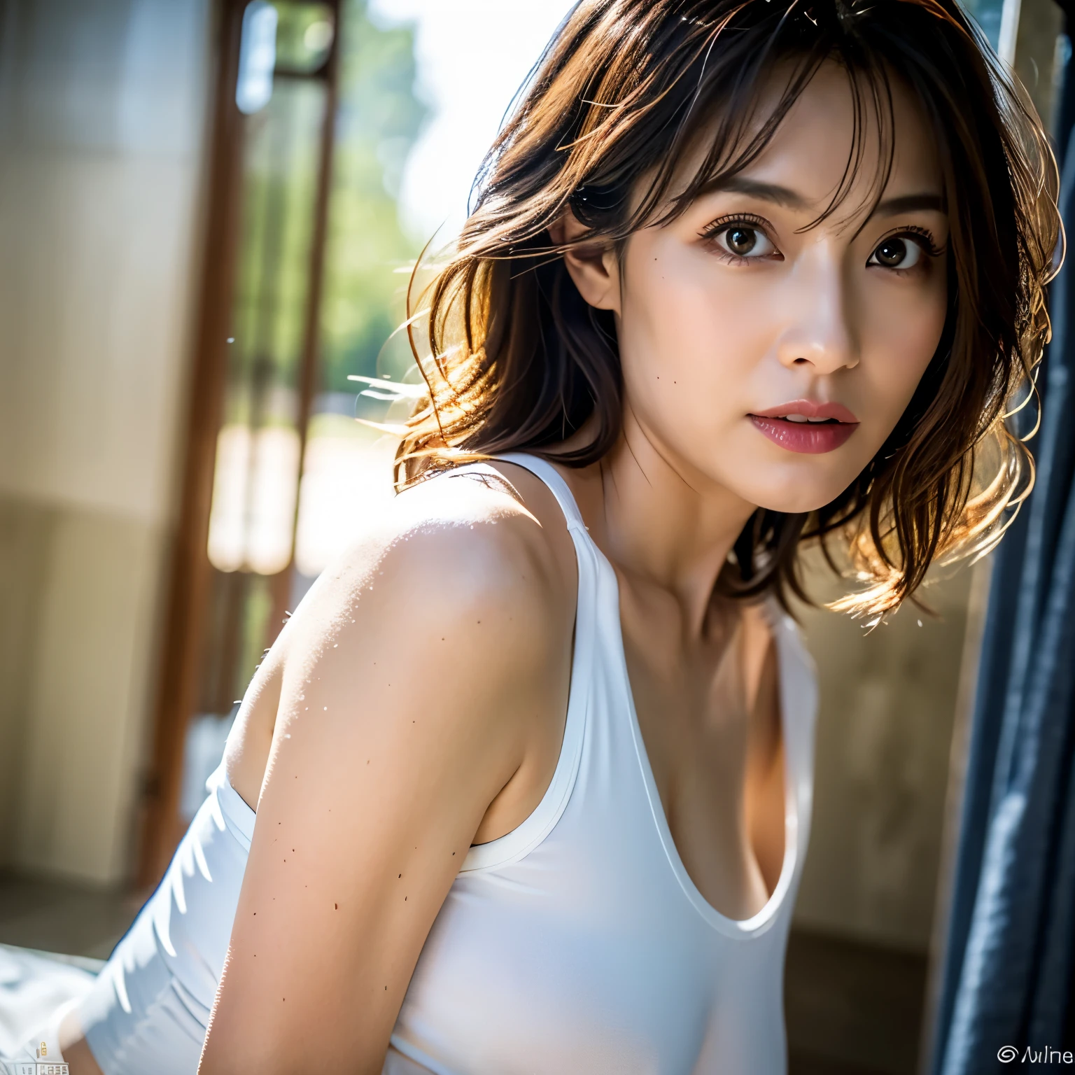 Look into the eyes, Eye contact, Front of face, Front face, face, head, Cross-legged, sit, indoor, Brown Hair, bangs, Tank top, Sweat, clavicle, shoulder, Cross-legged, Light from below, chest, Earrings, Skin Moisture, Look at me, Fluorescent light, belly button, Abdominal muscles