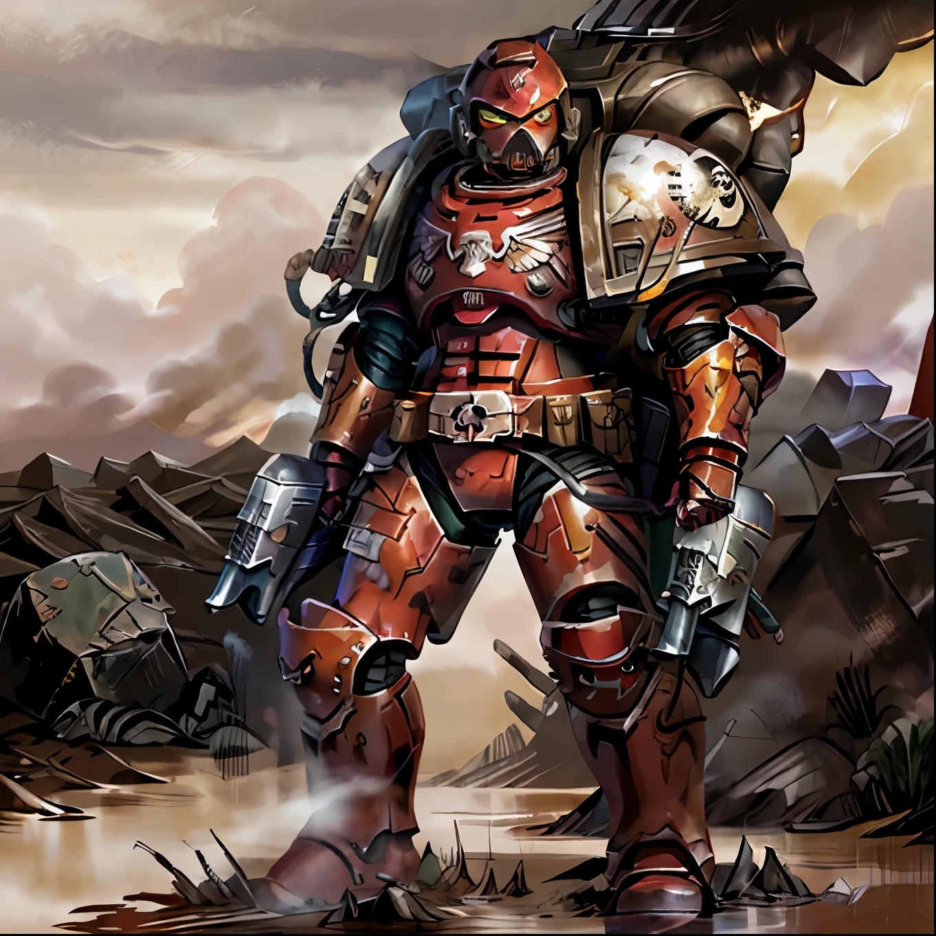 trmntr, solo, armor, gun, full body, helmet, red eyes, looking at viewer, pulp_comic, heavy_lines, hand_drawn, hand_inked, hand_colored, perfect_face, battlefield, mud, smoke, craters, trenches, bunkers, jungle, soldiers, red power armor 