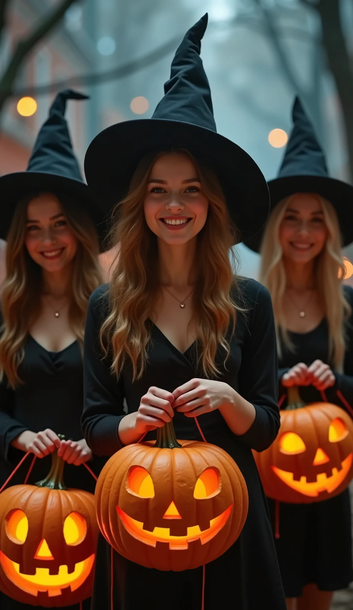 (Best Quality、masterpiece、 High Resolution )、(((Ultra-realism、Realistic photos、RAW Photos)))、Jack-o-lanterns and women、 teenager、Witch Cosplay、smile:0.2、 trick or treat、