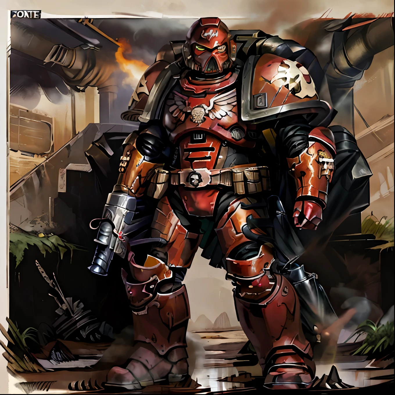 trmntr, solo, armor, gun, full body, helmet, red eyes, looking at viewer, pulp_comic, heavy_lines, hand_drawn, hand_inked, hand_colored, perfect_face, battlefield, mud, smoke, craters, trenches, bunkers, jungle, soldiers, red power armor 