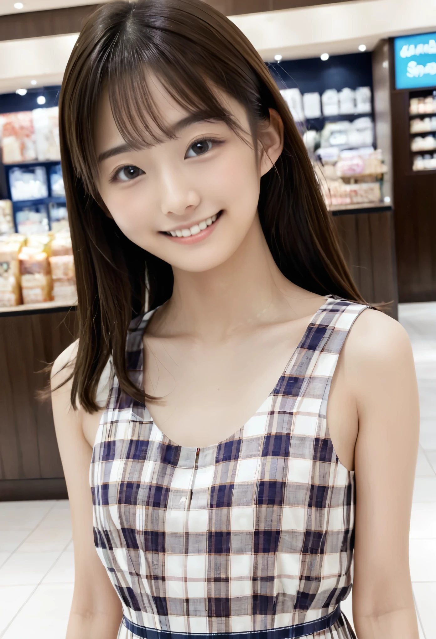 masterpiece , Best Quality , Japanese、Young、Cute face ,  symmetrical clear eyes:1.3) , Small breasts、Slender body、Clear smile、 shopping mall、beige and white plaid dress、 fun vibe、Enjoy Shopping