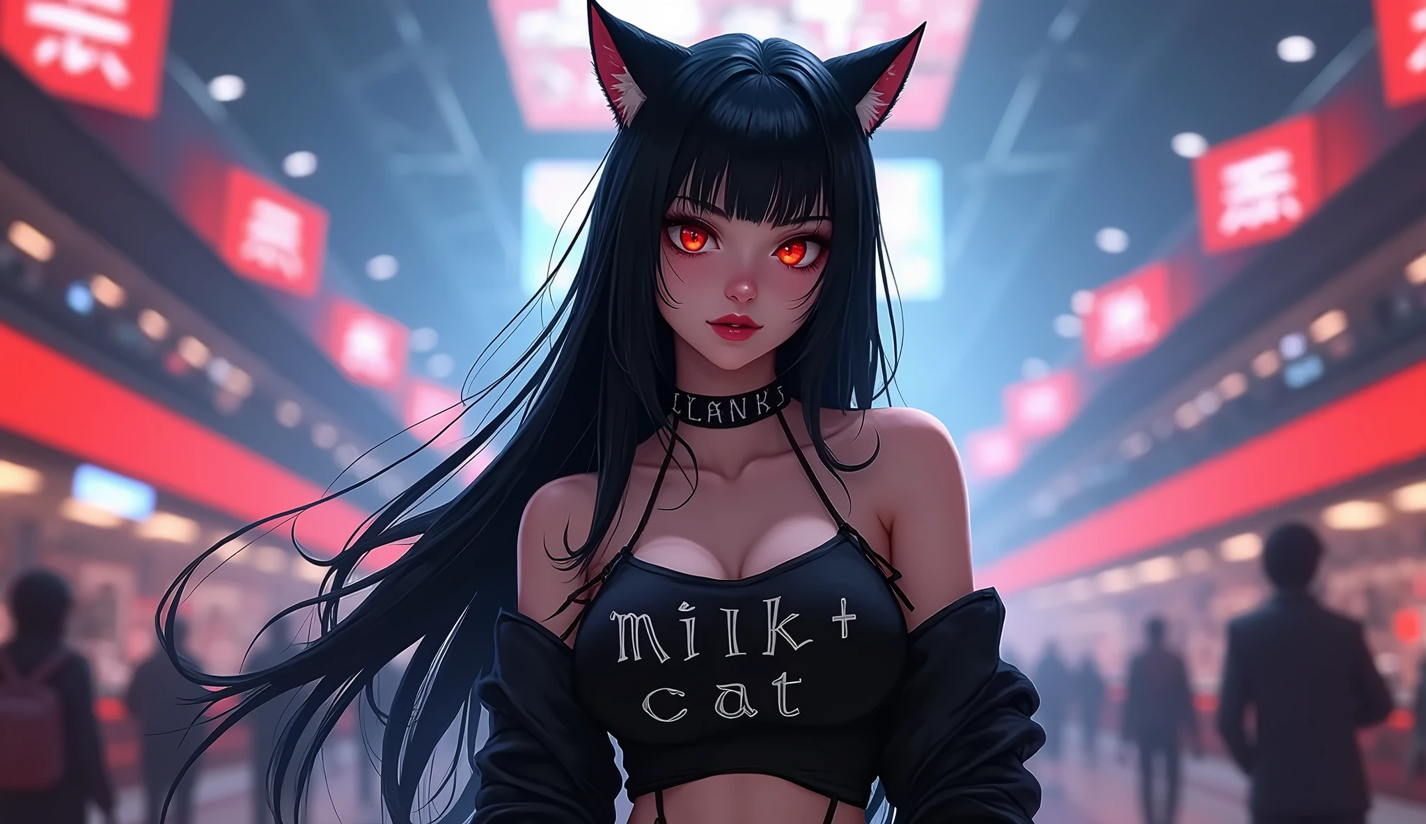 Girl with long black hair , with bangs and red eyes, cat ears, Collections ,with a lot of bust and that is in a game arena in the grandstand corridor , with the nickname "Milk cat" escrito en la blusa negra con cat ears
