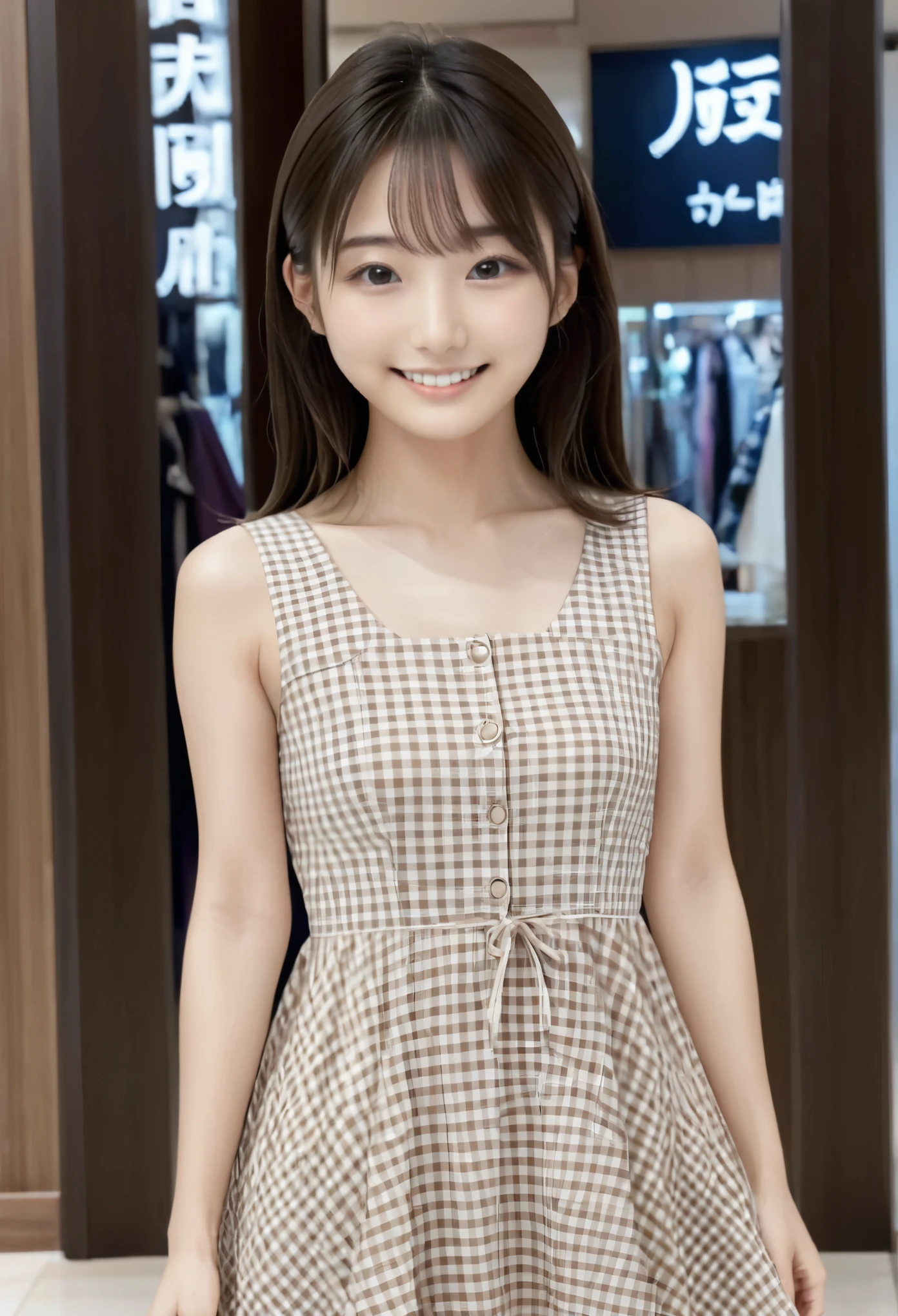 masterpiece , Best Quality , Japanese、Young、Cute face ,  symmetrical clear eyes:1.3) , Small breasts、Slender body、Clear smile、 shopping mall、beige and white plaid dress、 fun vibe、Enjoy Shopping