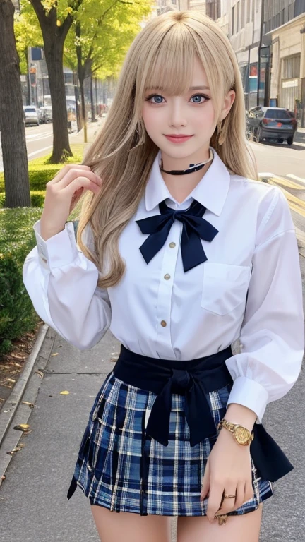 masterpiece, whole body, One Girl, bangs, (Checkered blue mini skirt:1.3), black  choker, (black tie:1.4), (blonde hair:1.1), bracelet, Chest,  choker, Cosplay, waist, clavicle, (Collared shirt:1.3),  cowboy shot, dress shirt, Earrings, Eyebrows visible through hair,  Gradient Hair ,  jewelry , Kawaii fashion, gal fashion, Long Hair,  viewers, Check pattern, (amber eyes:1.2), ring, , shirt, skirt, (smile:1.1), Alone, white shirt, street, street tree, Young leaves,shape,Vibrant,  costume, stop temporarily, colorful, dynamic, background, element, Be confident,  performance, holding, statement,  accessories, Majestic, Swirl, Surrounding Area, touch, scene, Get noticed, stylish, big, Impressive, Contemporary, tendency, concentrate, Model body type