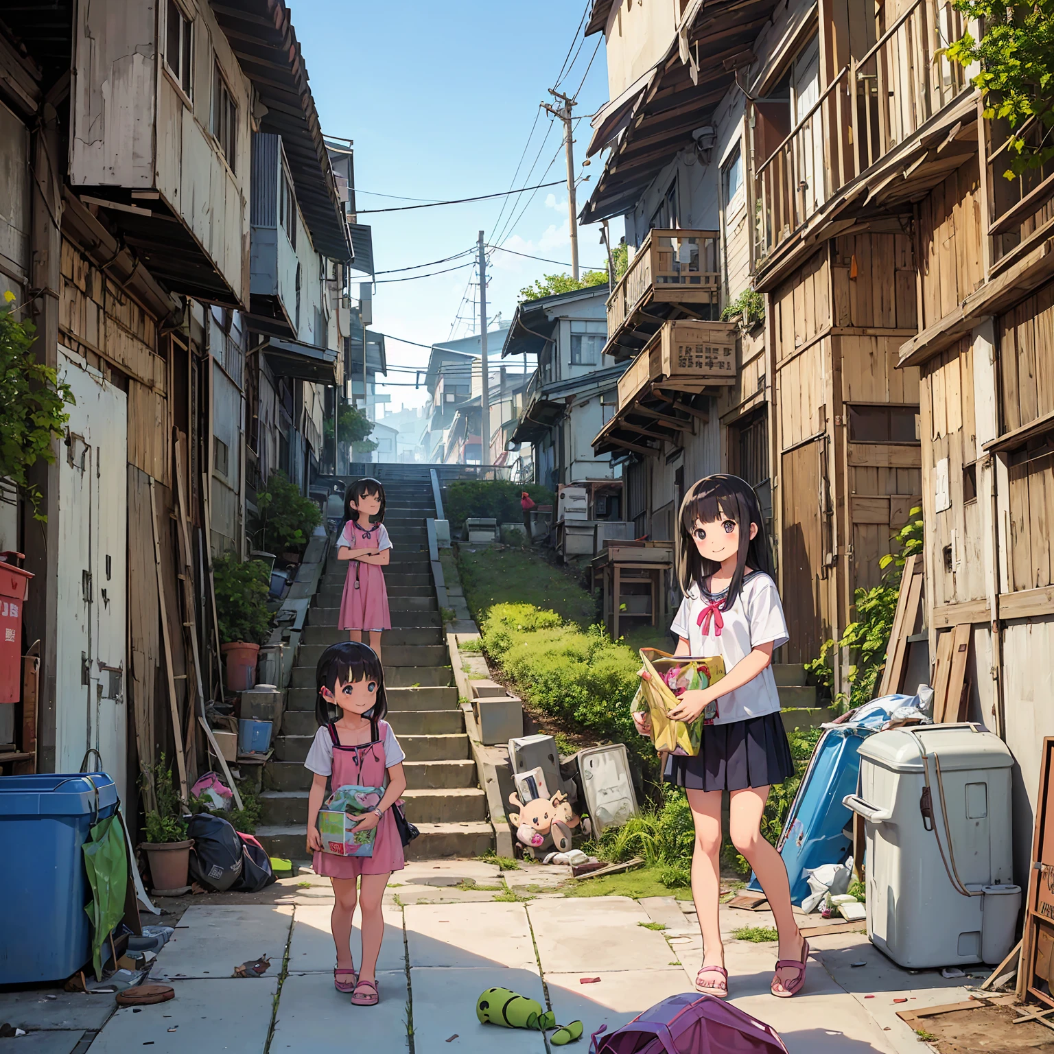 
(masterpiece、Realistic)、(3 beautiful girls、Three elementary school girls、Summer clothes)、( Apartment、Battleship Island、Stairs to the basement、Bulky garbage、Household waste、Broken Toys、Broken electrical appliances、Detailed and cute face)、(Poor conditions)、(smile、fun)、smile、Happy school s、 Perfect Anatomy