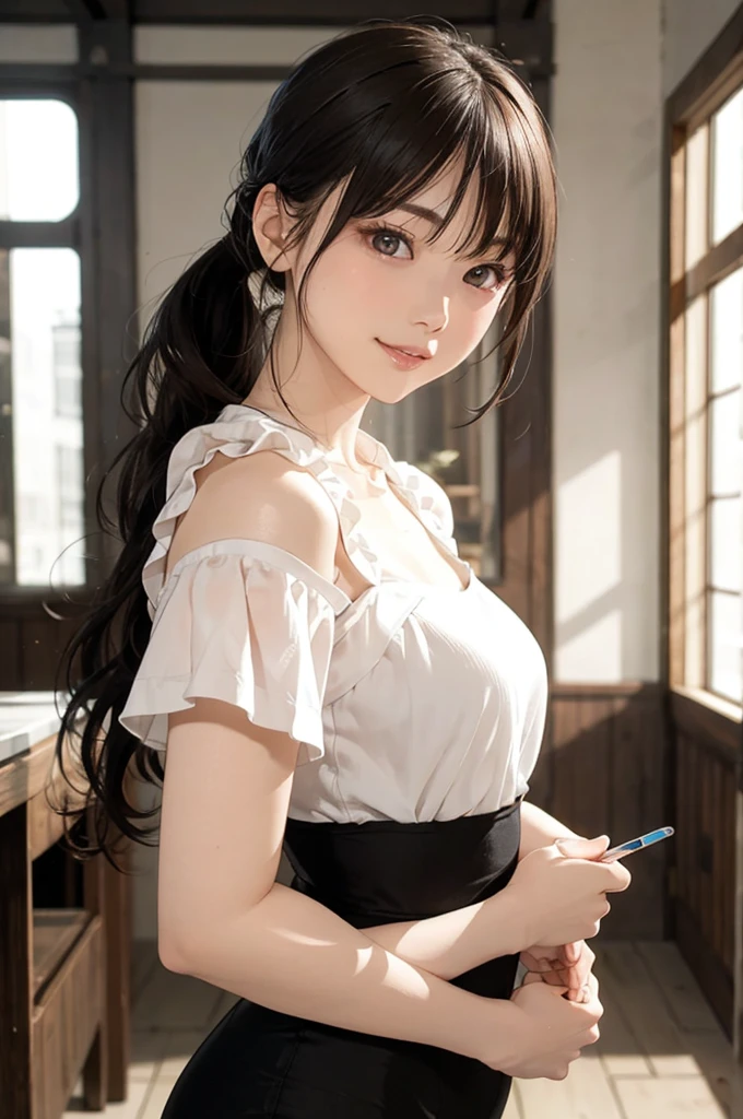 Anime-style image of a woman in a white dress sitting at a desk, Enchanting anime girl, , Smooth anime CG art, On pixiv, artstation On pixivトレンド, Pixiv 3DCG, On pixivトップ評価, In a dress, High-resolution anime art, Digital art on Pixiv, On pixiv人気